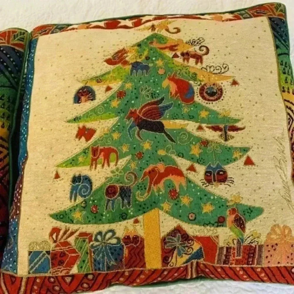 Laurel Burch Cats Pets Christmas Tree Tapestry 2Pillows Green Faux Velvet Back - Picture 3 of 6